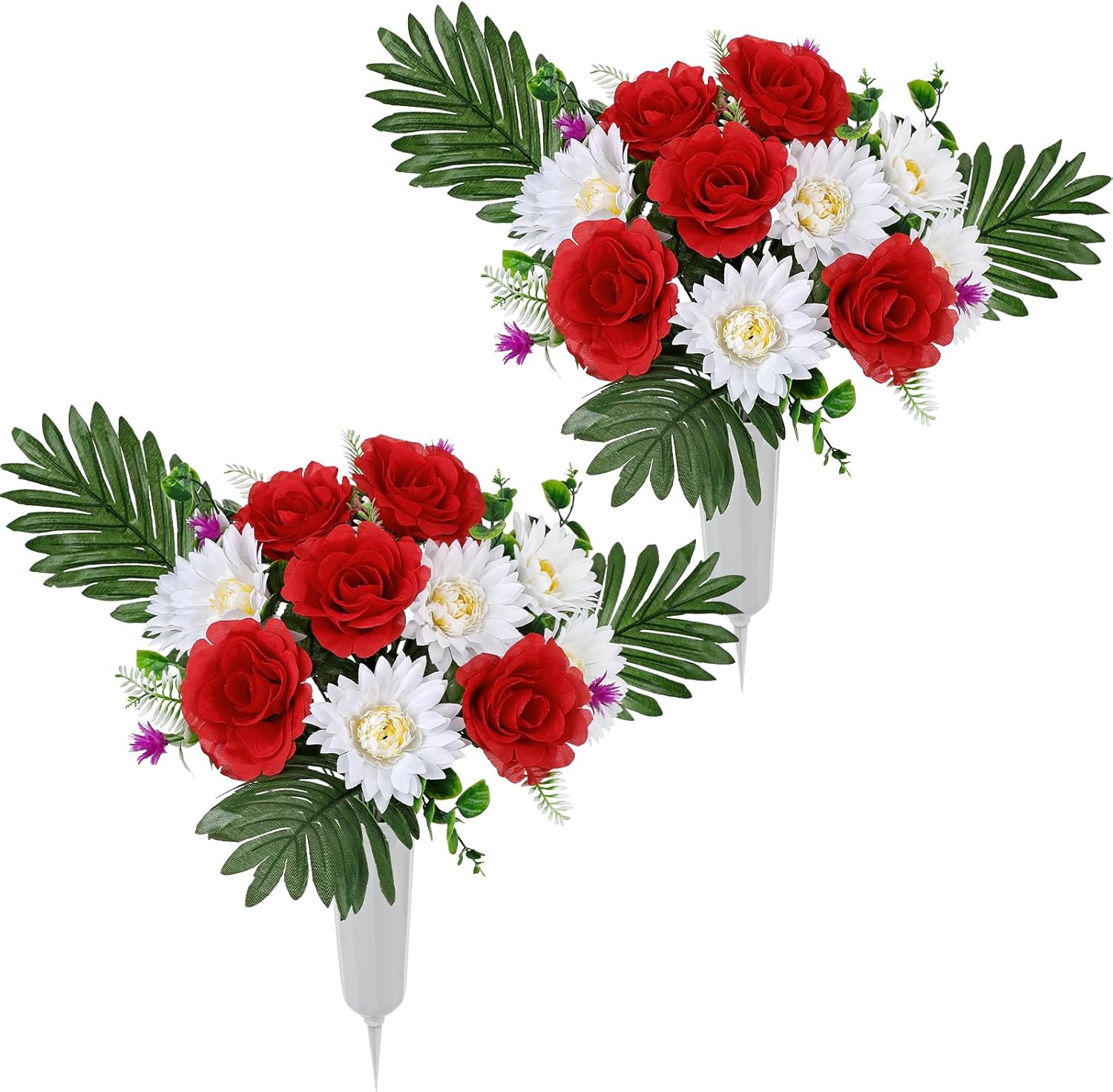 Oairse 2 Pcs Artificial Cemetery Flowers with Stakes - 17.7" Fake Silk Red Roses & White Daisies, Memorial Bouquets with Vase Realistic Graveyard Spring Decorations for Cemetery Outdoor