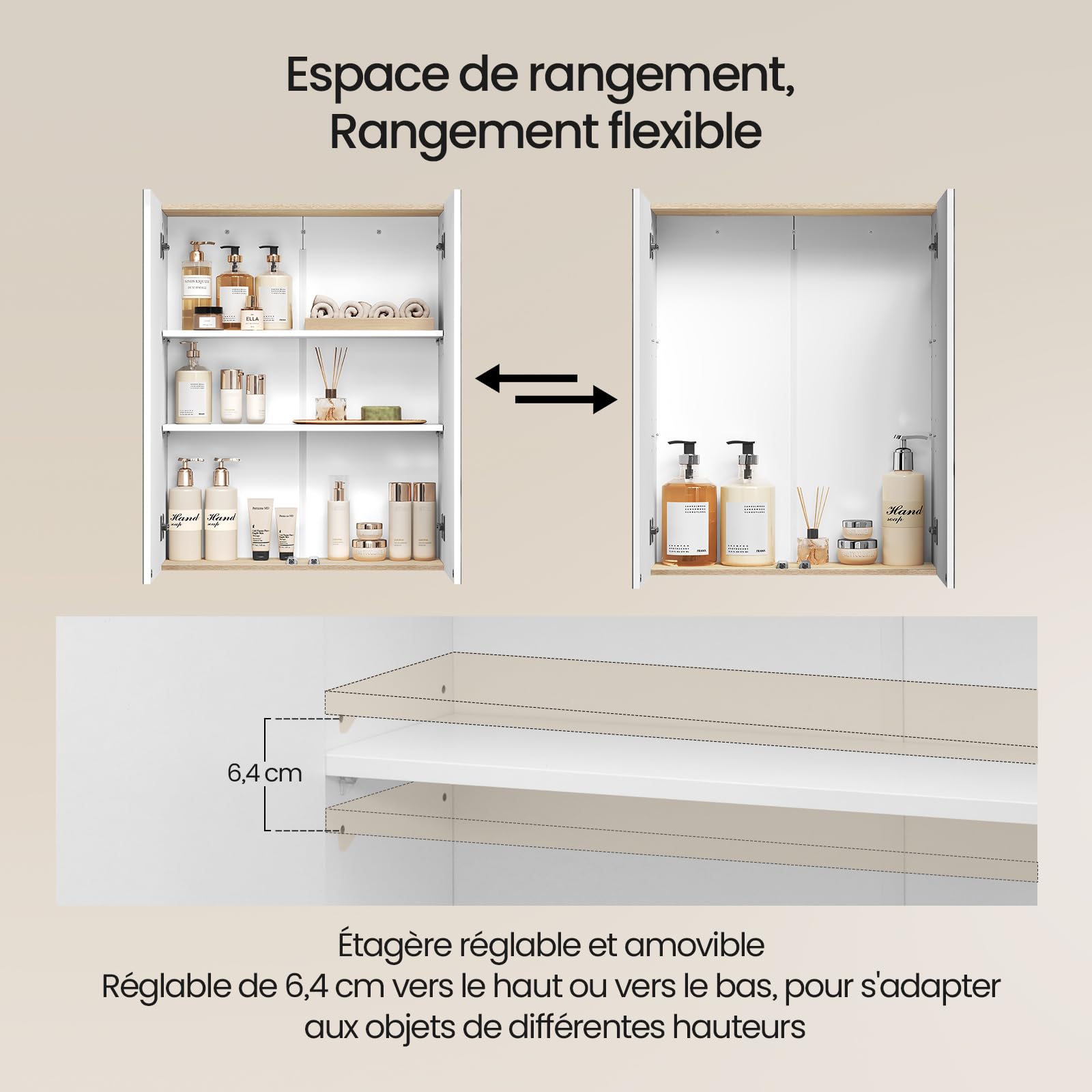 EUGAD Armoire de Salle de Bain avec Miroir, Meuble, Armoire Murale avec Étagères Réglables, Blanc et Chêne Clair 60x20x75cm (LxPxH)