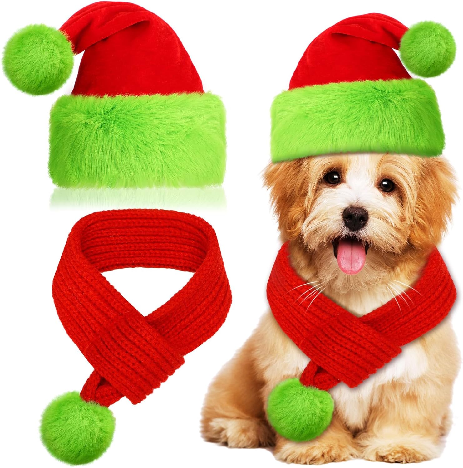 Gorro de Santa Claus y Bufanda para Perro Gato Verde Ajustable