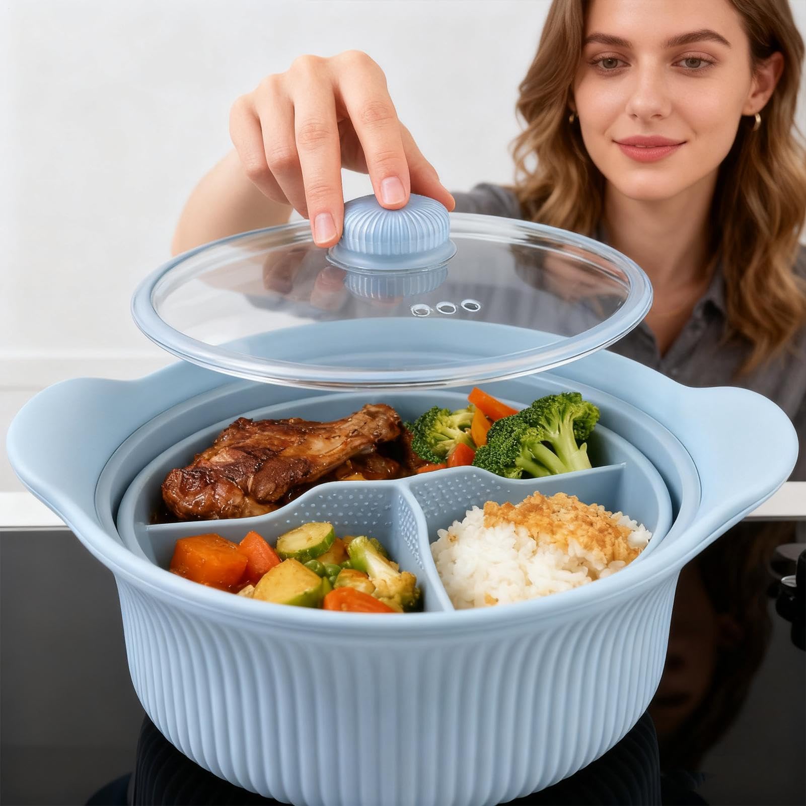 Mikrowellendampfer - 9,06 Zoll Silikon Fach-Herd | Lebensmittelqualität Gemüsedampfer mit Deckel und Griff, mikrowellenfeste Kochschüssel für Babynahrung Vegetarier