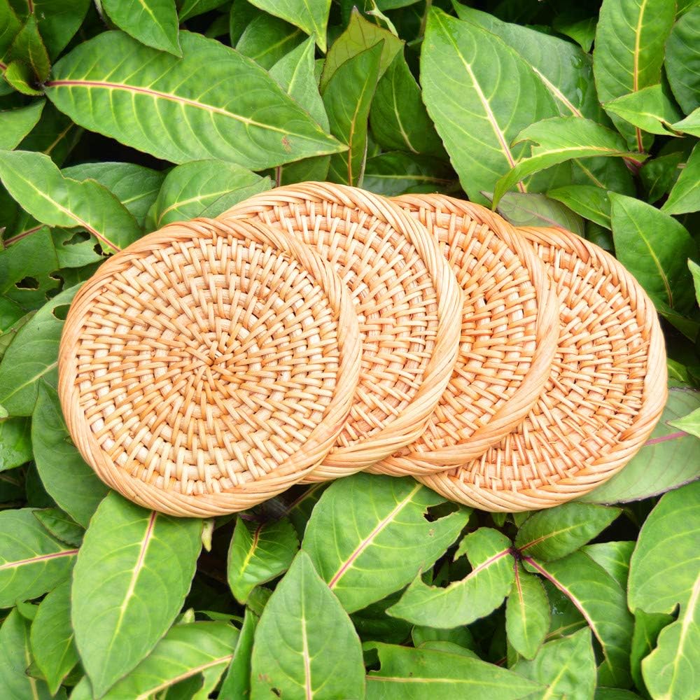 Set of 4 Handmade Round Rattan Coaster, Wicker Trivets, Drink Coasters Sets, Rustic Cupmat for Kitchen, Table, Coffee, Brown - Image 5