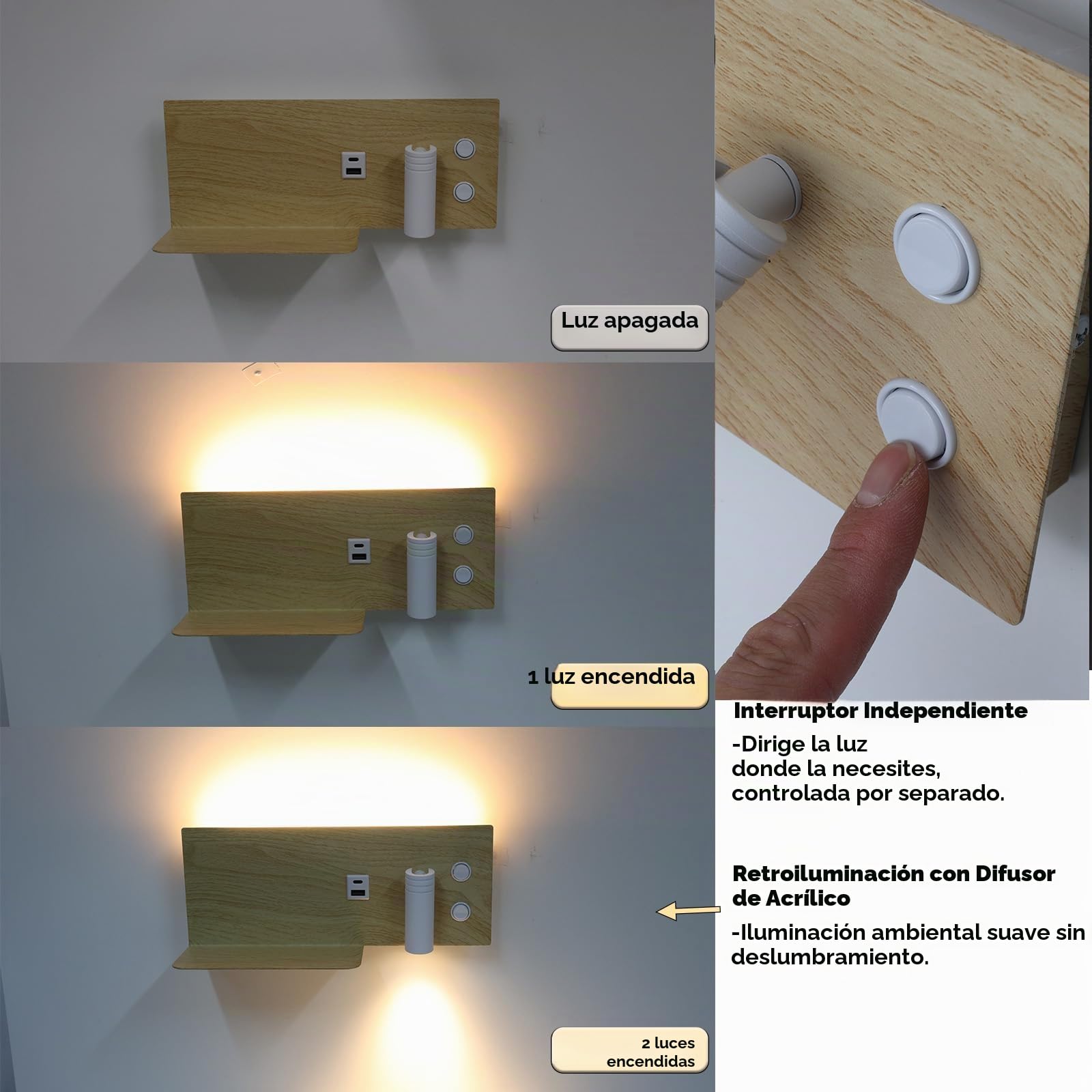 Alpinaluz Aplique de Pared con Foco Derecho, Luz LED de Lectura y Ambiente 2700K, USB-C y USB-A, Repisa para Móvil, Acero con Acabado Madera Clara, Doble Interruptor para Dormitorio Cabecero