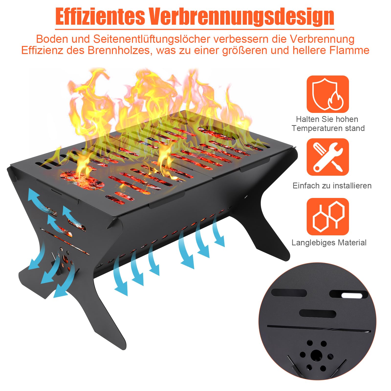 GFTIME Premium Outdoor Feuerstelle Tragbare, klappbare Feuerstelle mit Kohlerost für Camping, Terrasse & Garten, inklusive Tragetasche & Handschuhe (46 x 32cm)