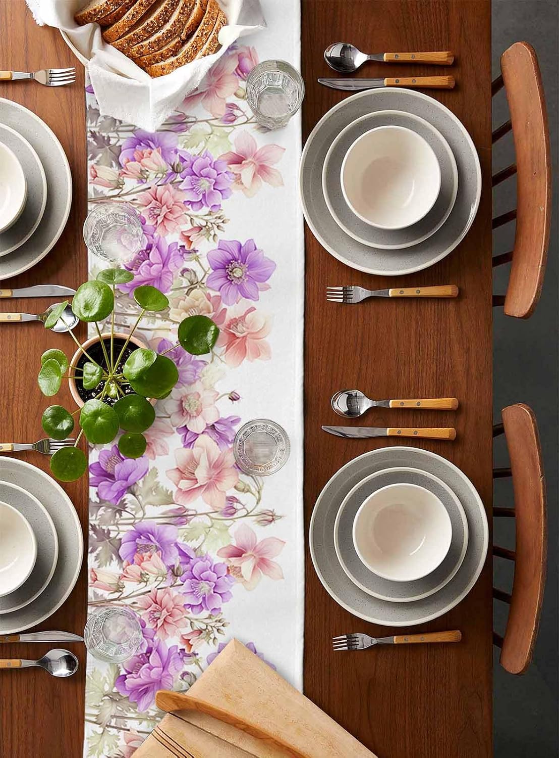 Linen Table Runner, Spring Farmhouse Style Plant Blue and Pink Flowers Table Runners for Catering Events, Dinner Parties, Wedding, Spring Holiday, Indoor Outdoor Parties - 13x90 inch