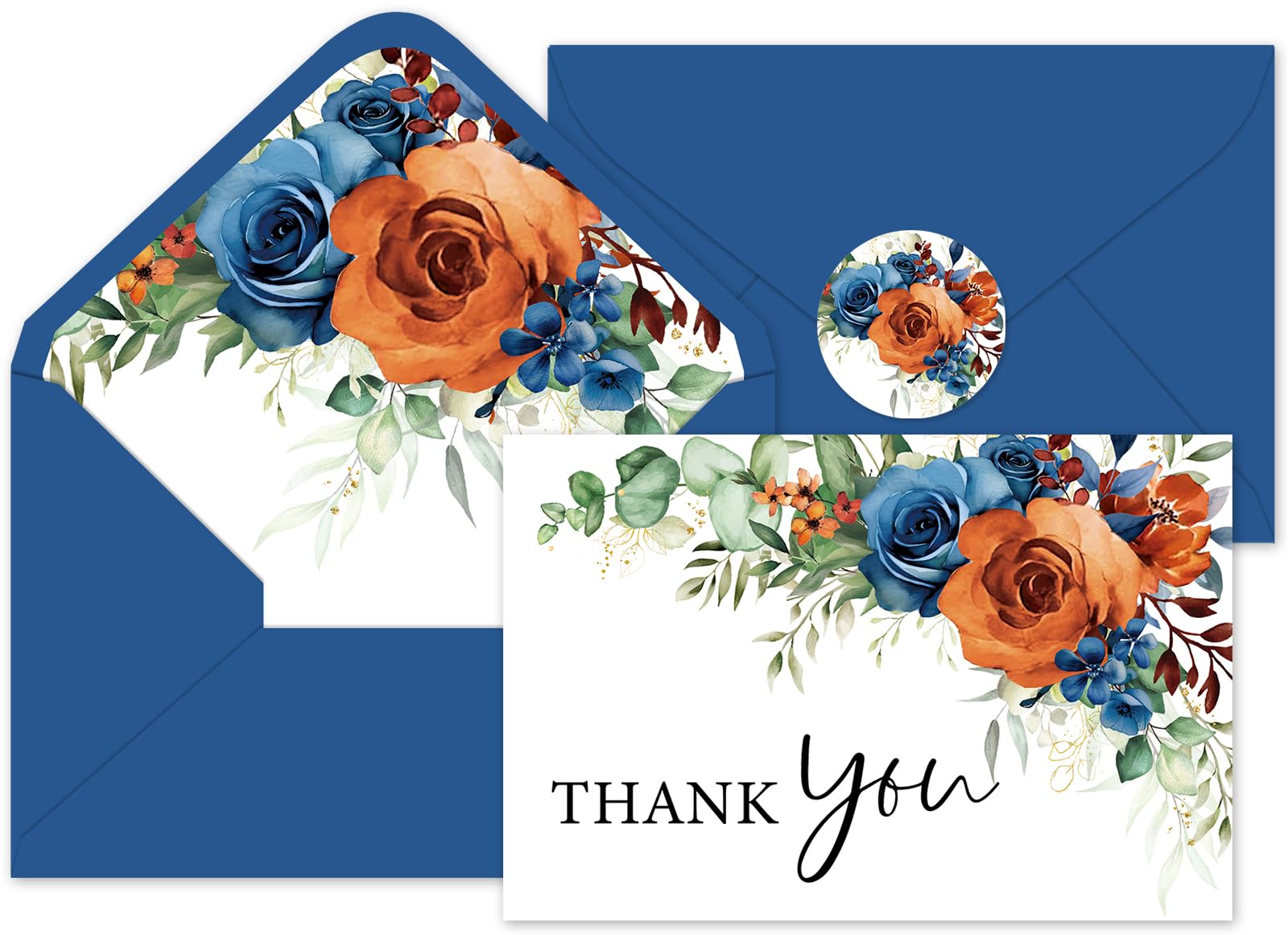 Whaline 36Pcs Watercolor Floral Thank You Cards with Envelopes and Stickers Blue Floral Greeting Cards Rose Flower Blank Note Cards for Party Supplies
