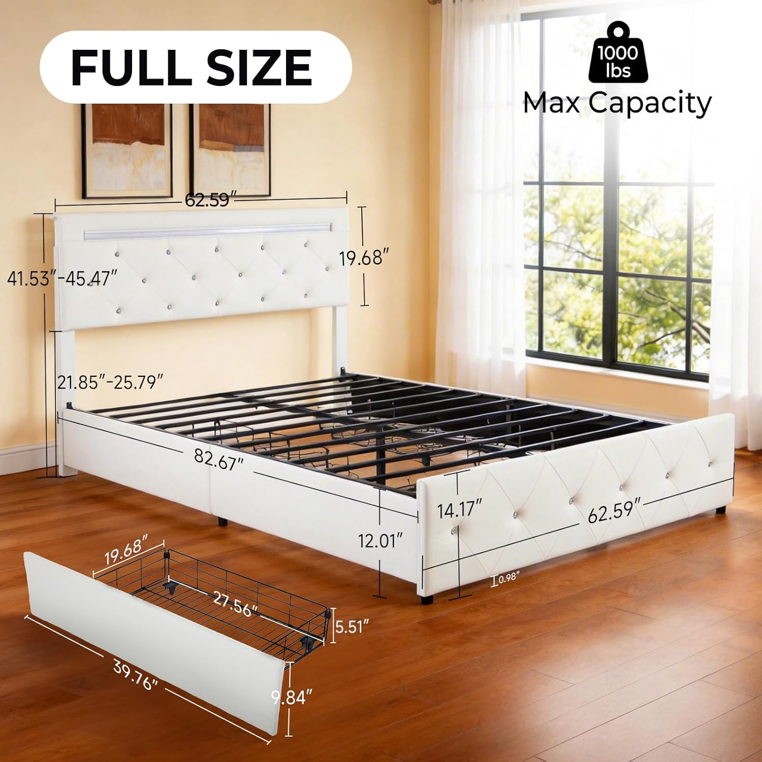 Full Size Bed Frame, Storage Bed with 4 Drawers and Adjustable Headboard, Upholstered Platform Bed with Handy Charging Station and LED Light, Noise Free, Easy Assembly, No Box Spring Needed, White
