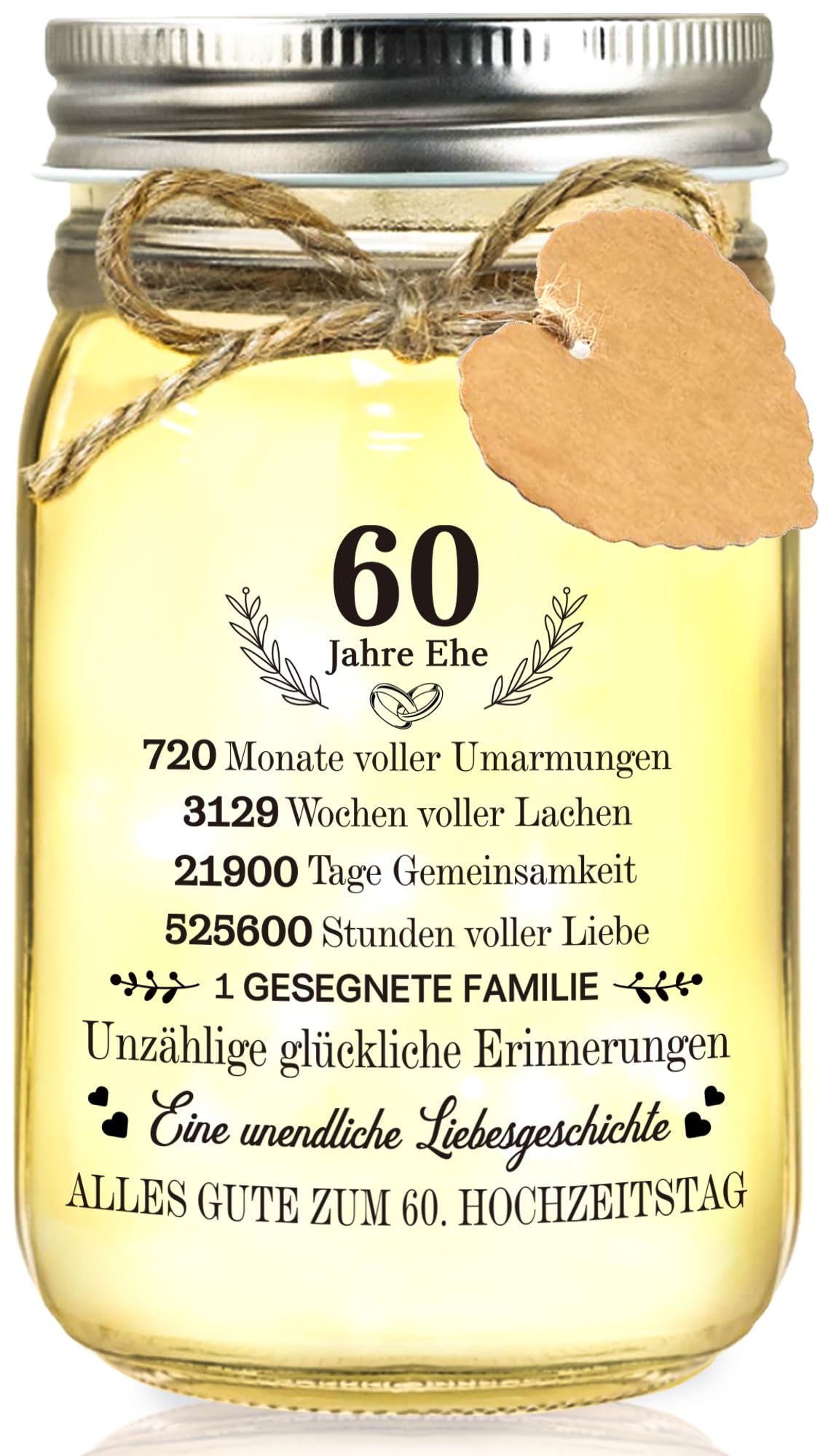 Hiipeefeel Diamantene Hochzeit Geschenk Geldgeschenke, LED Flaschenlicht, 60. Hochzeitstag für Eltern Großeltern Paare Ehemann Ehefrau Frauen Männer, 60 Jahrestag Hochzeitstag Diamantene Geschenk