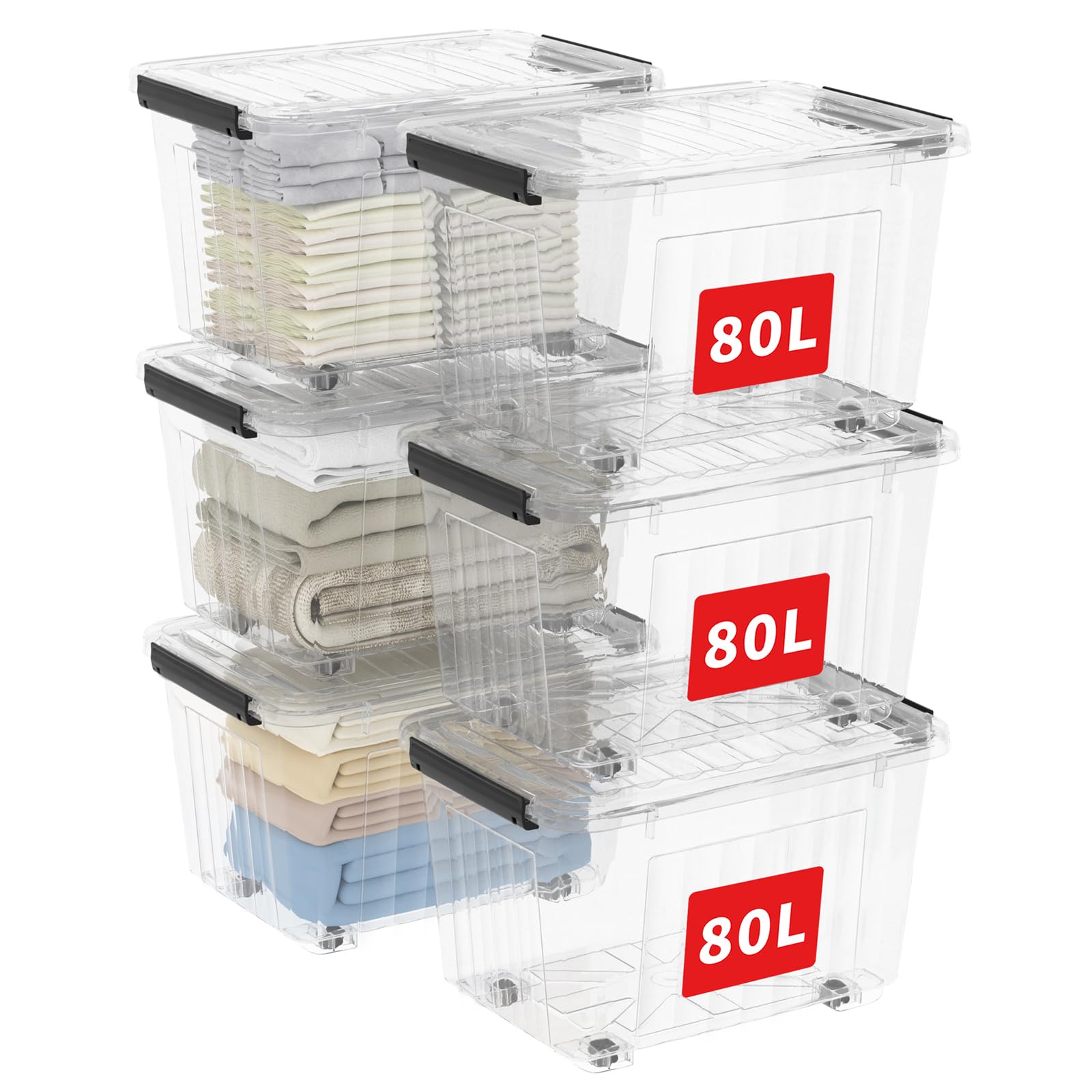 Cetomo80L*6 Storage Box Storage Bin With Wheels Storage Container with Click Closure and Lid Stackable Transparent Organizer