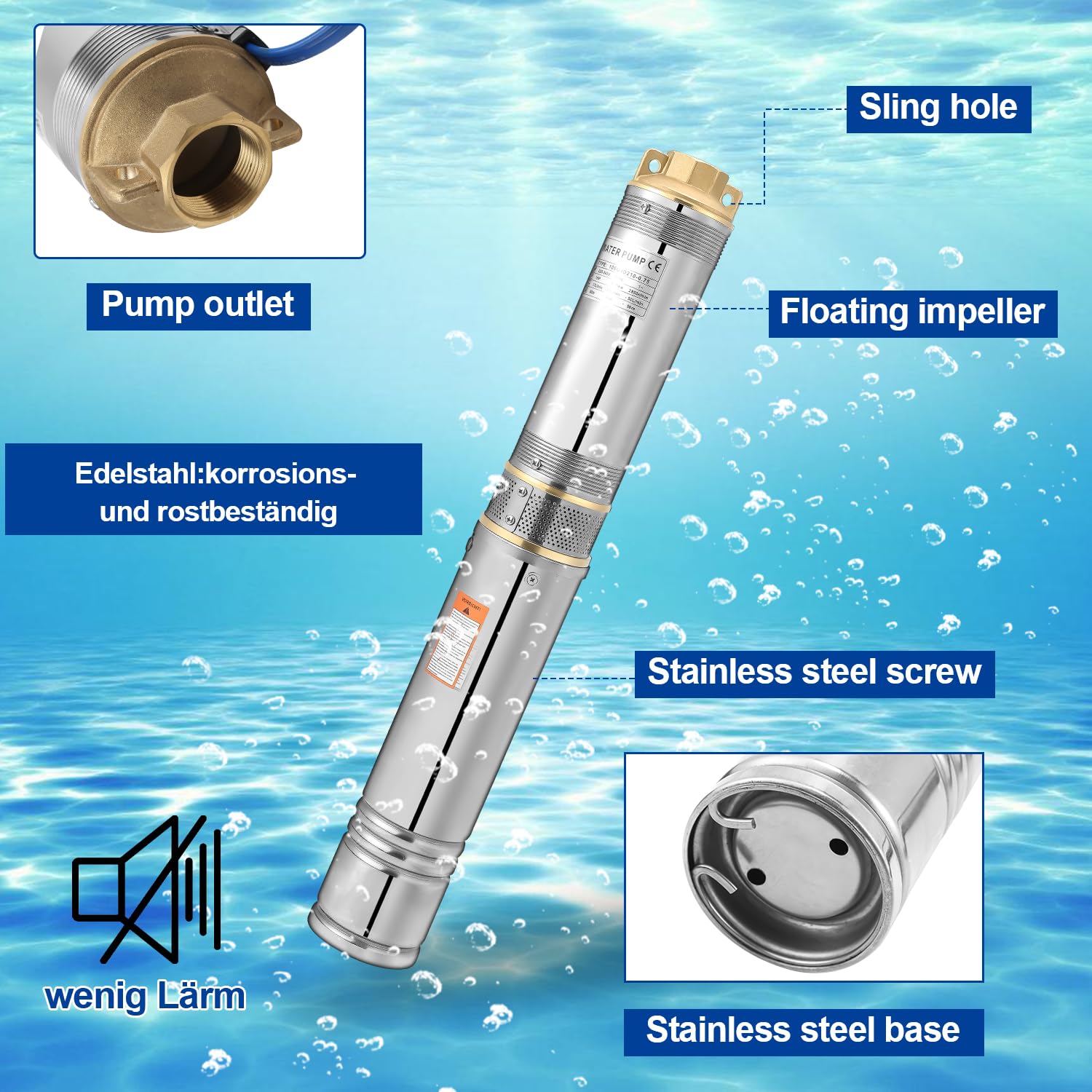 Herrselsam Bomba para pozos profundos, 370W 4000L/h Bomba sumergible de acero, bomba de agua sumergida compatible con arena con cable de conexión y caja de control, 3,4 bar máx