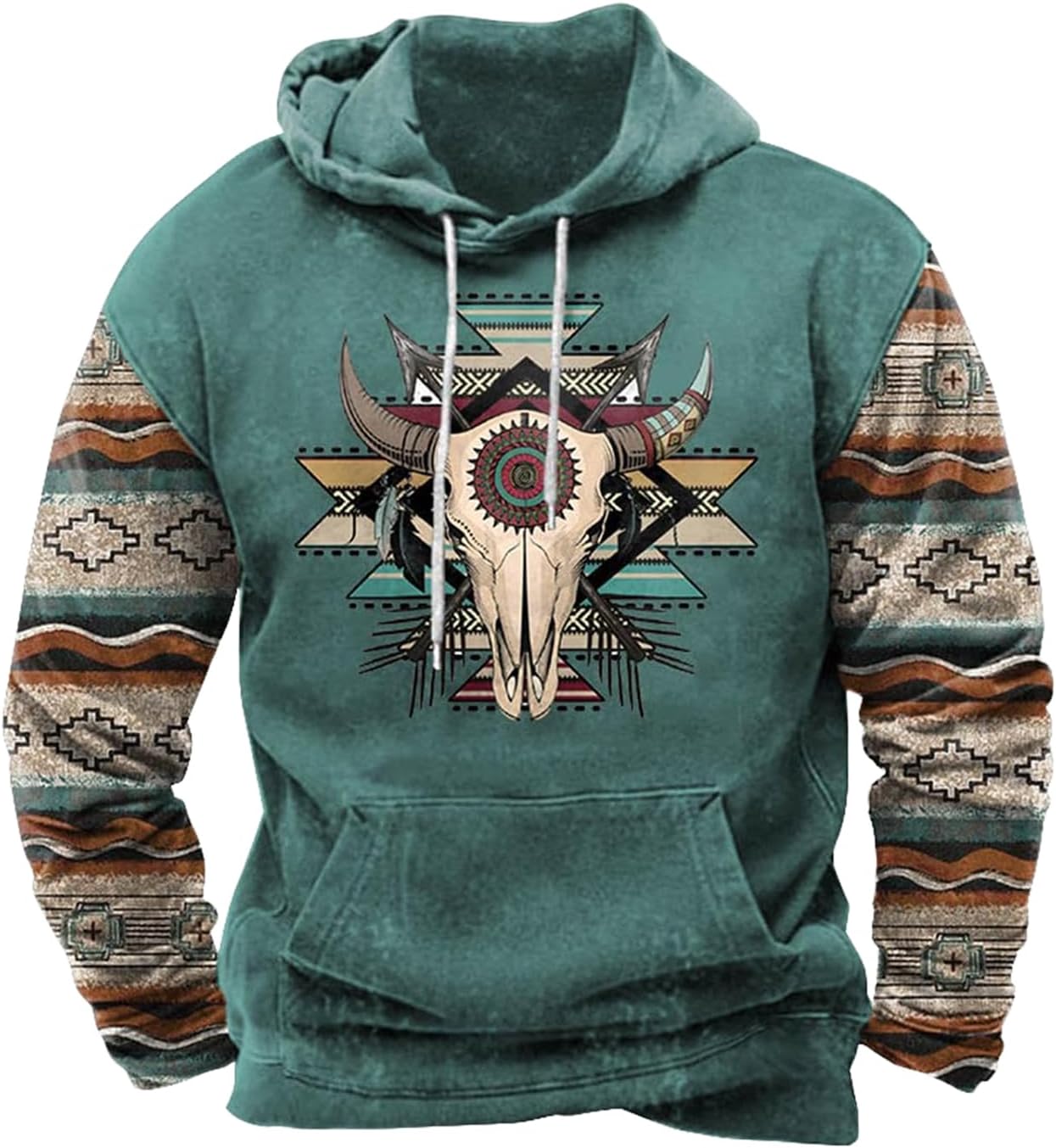 Western Hoodie for Men Aztec Cowboy Printed Drawstring Pullover Hooded Sweatshirt Mens Comfy Fleece Sweatshirt