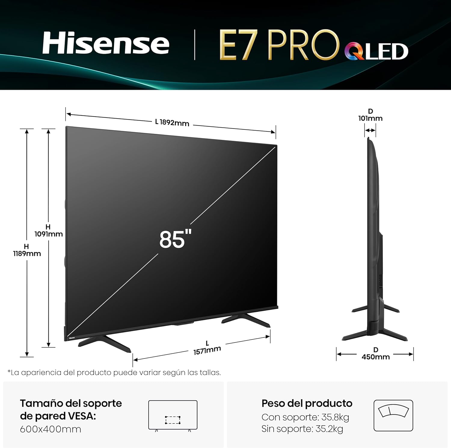 Hisense 85E7Q Pro – QLED Smart TV, Gaming TV, Modo Juego Pro 144Hz, AMD Freesync Premium Pro, Dolby Vision IQ + Dolby Atmos, Hi-Concerto, Procesador Hi-View Engine Smart TV 3