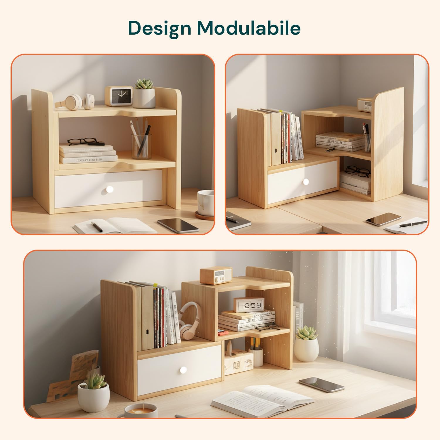 Wintem - Organizer Porta Libri da Scrivania Salvaspazio in Legno con 5 Scomparti e 1 Cassetto Estensibile, Libreria da Scrivania, Design Modulabile Facile da Montare e Resistente