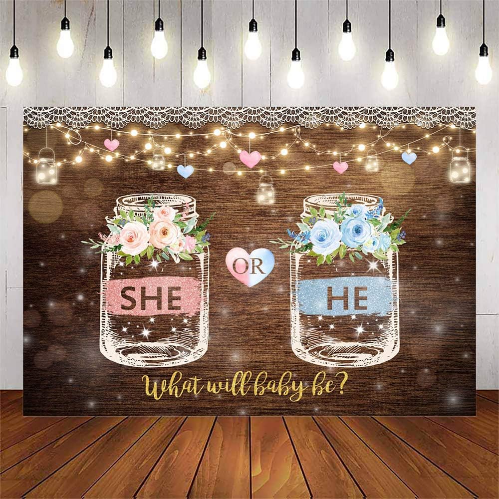 Avezano Wishing Bottle Gender Reveal Backdrop Brown Wood Rustic Floral Gender Reveal Background Decorations Banner Backdrops(7x5ft)