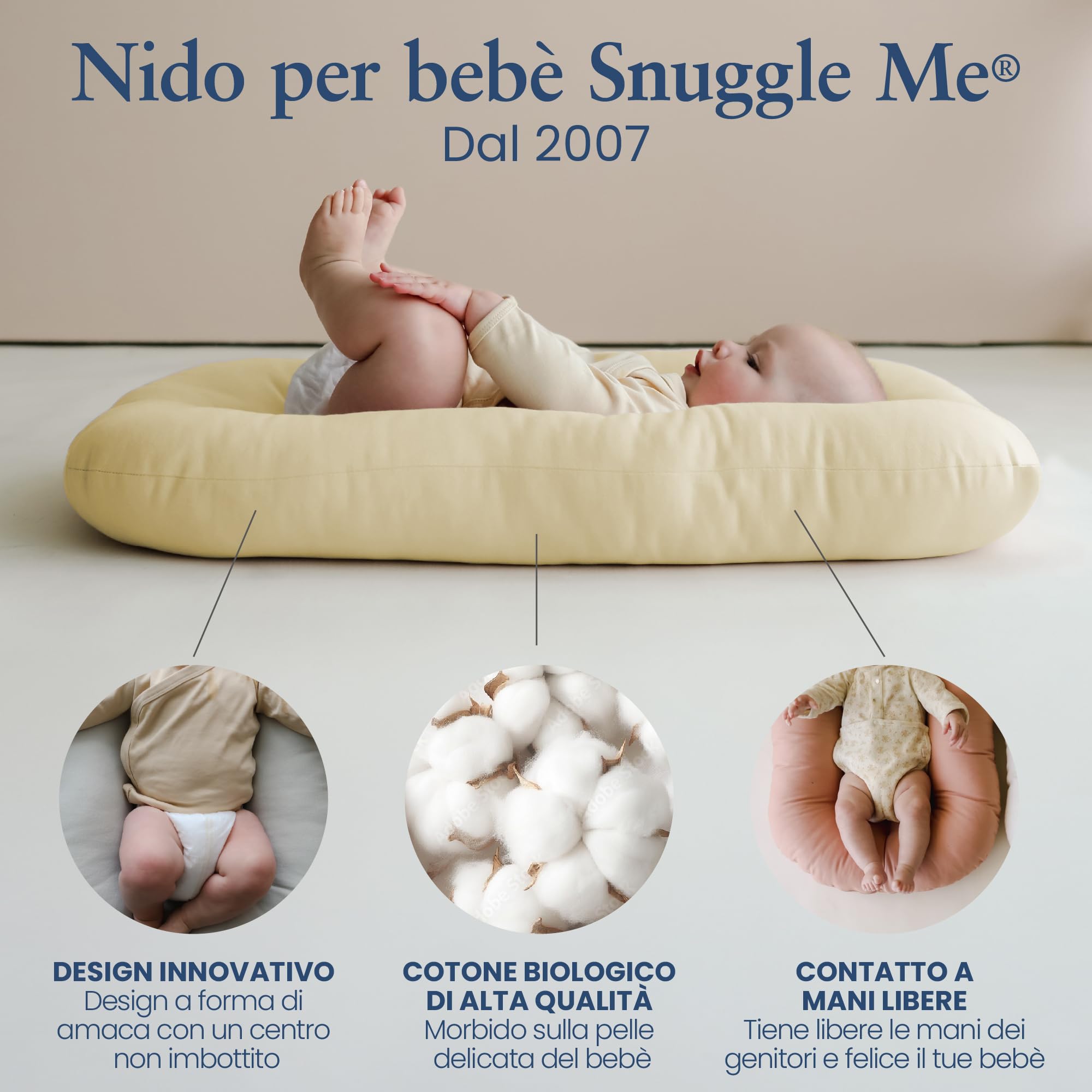 Snuggle Me® Nido Neonato 0-9 Miesiąc - Poduszka Gniazdo z Bawełny Organicznej, Wypełnienie Fibrefill, Pranie w Pralce, Torba Podróżna Honey