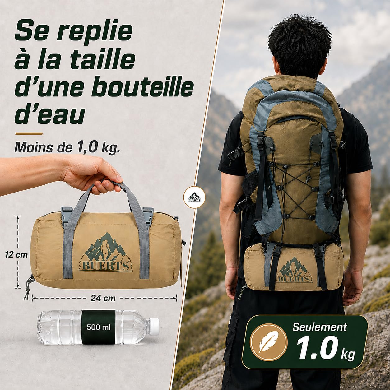 Tente Camping randonnée Ultra-légère 1 Personne, 3 Saisons | 1kg, sans arceau compatible bâtons. Rangement 29×12×12cm, montage rapide. Spacieux, 20D silicone, PU3000, renforts