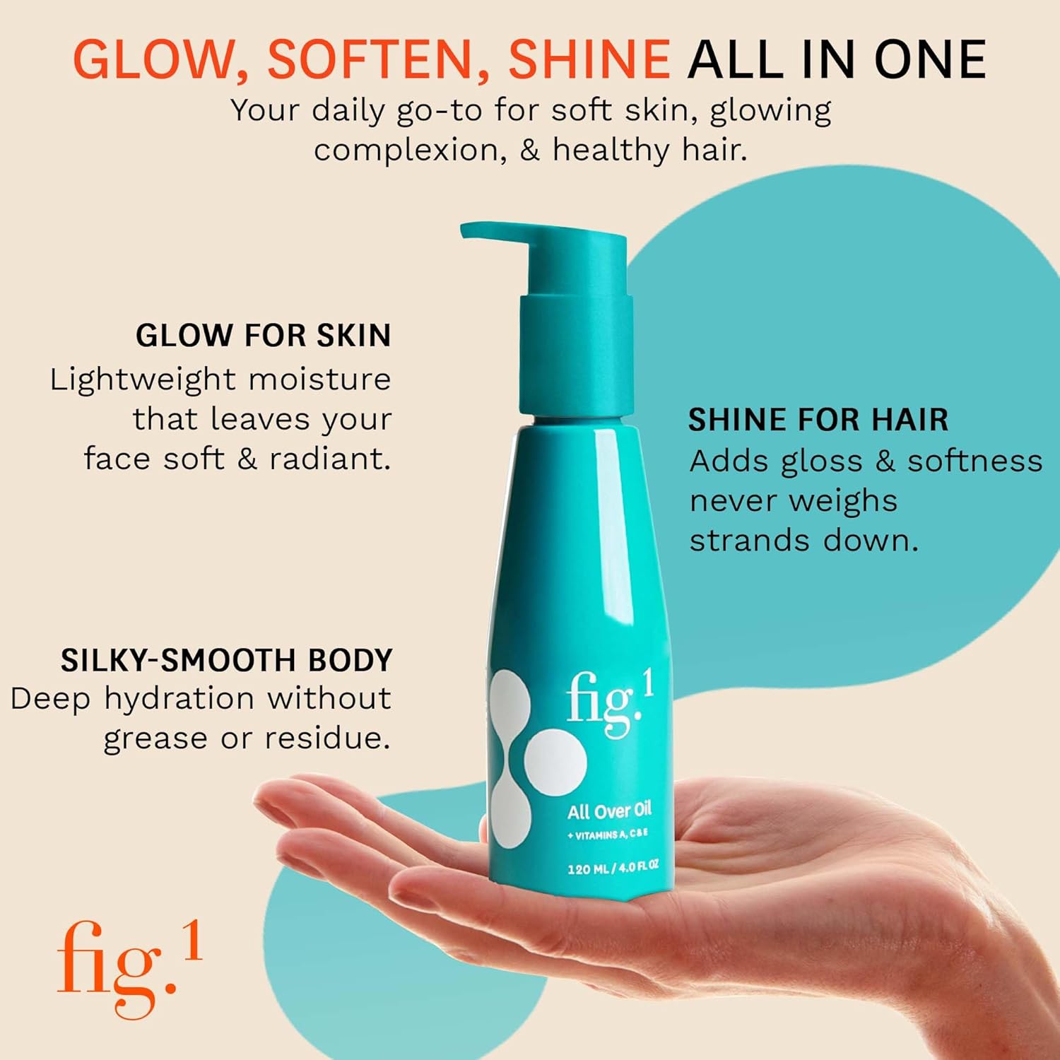 Fig.1 All Over Oil - Lightweight Hydrating Body-Oil for After Shower Glow | Non-Greasy with Vitamins A, C & E | Moisturizing Skin Oil for Face & Body | Vegan, Refillable Pump | 120ml - Image 3