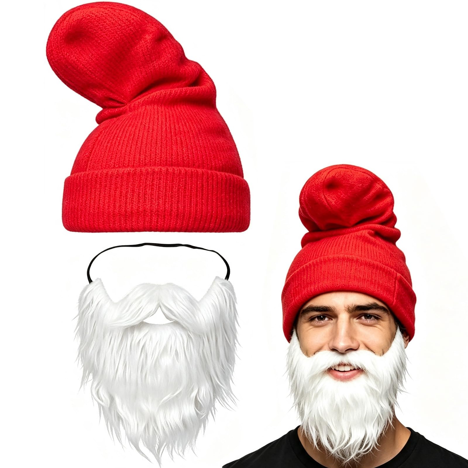 2-Piece Red Gnome Hat and Beard Set, Dwarf Costume Accessory for Adults
