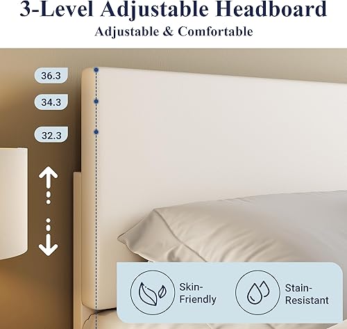 Miniatura 4 de Allewie Estructura de Cama Tamaño Full con Cabecera Ajustable, Cama Plataforma de Cuero Sintético con Listones de Madera, Base de Colchón de