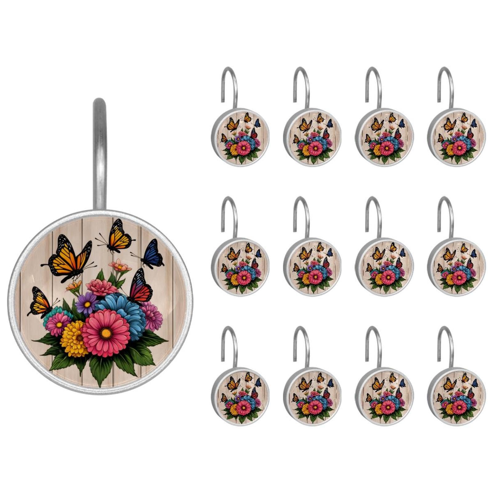 12pcs Glass Shower Curtain Hooks, Rust Resistant Decorative Shower Rings for Bathroom Living Room,Stainless Steel Hooks for Shower Curtain and Liner Rods (Flowers Wood Butterflies)