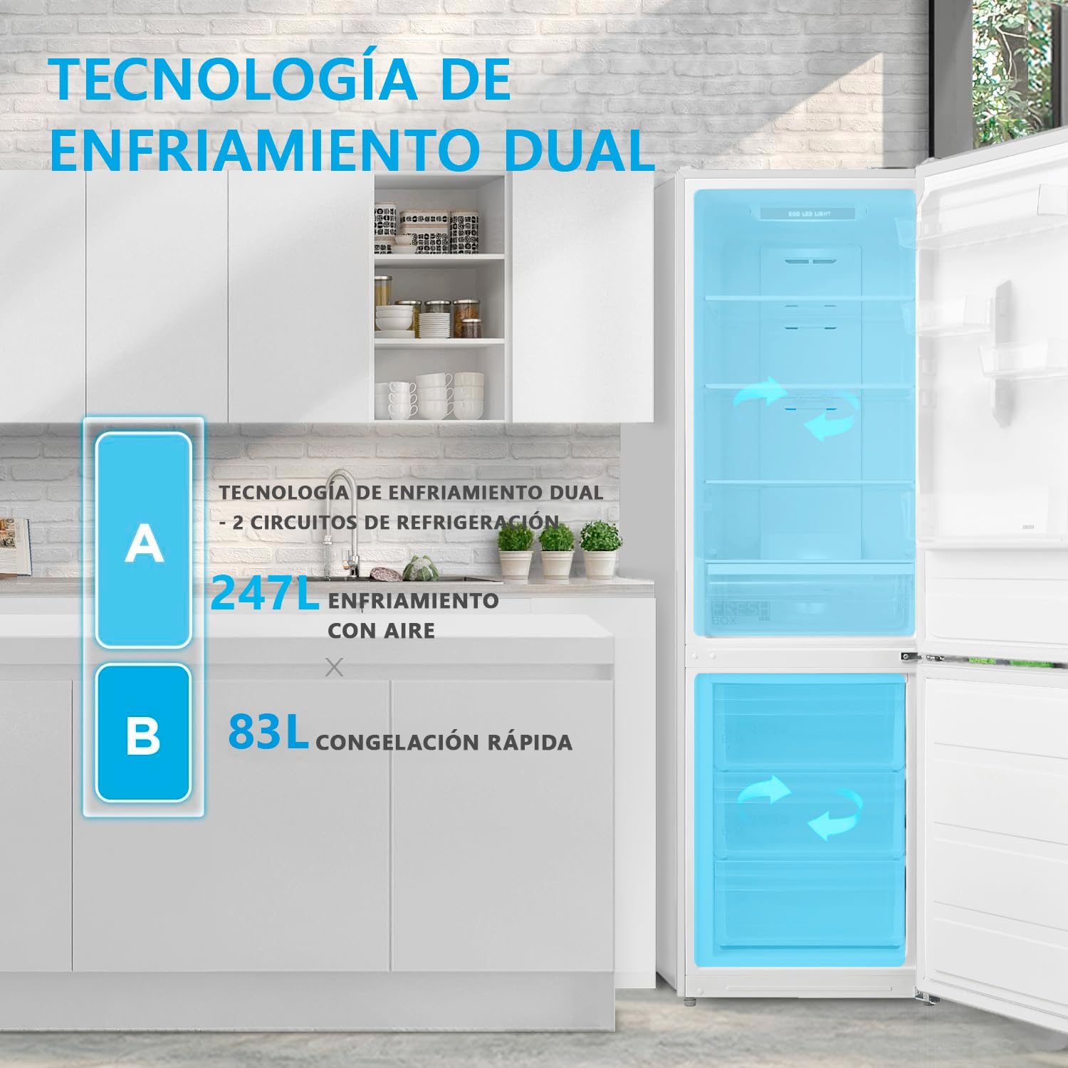 Midea Frigorífico Combi No Frost 59,5 cm ancho x 201 cm alto - Blanco - Nevera combi libre instalación 247 L + 83 L Congelador - Refrigerador de bajo consumo con congelador vertical No Frost