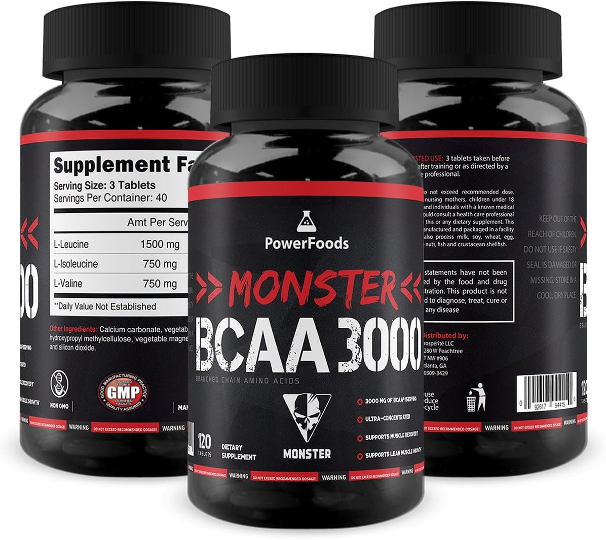 Monster BCAA 3000-120 Tablets - PowerFoods - Concentrated AminoAcid for Muscle Recovery