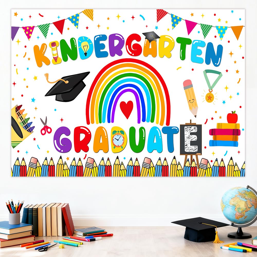 Photo 1 of AIBIIN Kindergarten Graduate Banner, Large Kindergarten Graduation Backdrop, Preschool Congratulations Decorations, Class of 2026 Last Day of Kindergarten Congratulations Party Decorations 82.67 x 59.05 inch