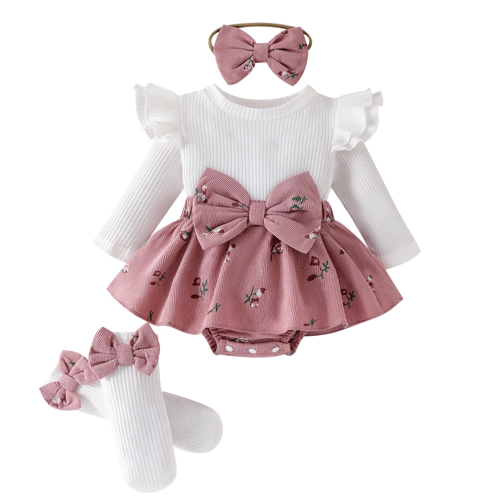 Newborn Baby Girl Winter Clothes Ruffle Long Sleeve Romper Dress + Socks + Headband Cute Baby Girl Fall Outfits