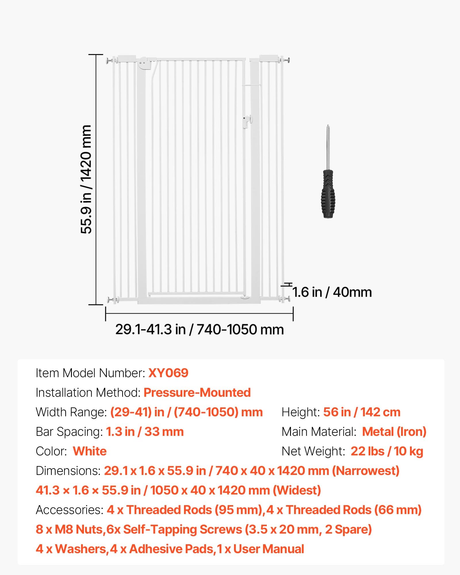 VEVOR Barrera de Seguridad para Niños, Alto Extra de 1420 mm, Ancho Ajustable de 740-1050 mm, Puerta de Seguridad para Perros y Gatos, Kit de Accesorios de Instalación, para Escaleras Pasillos, Blanco