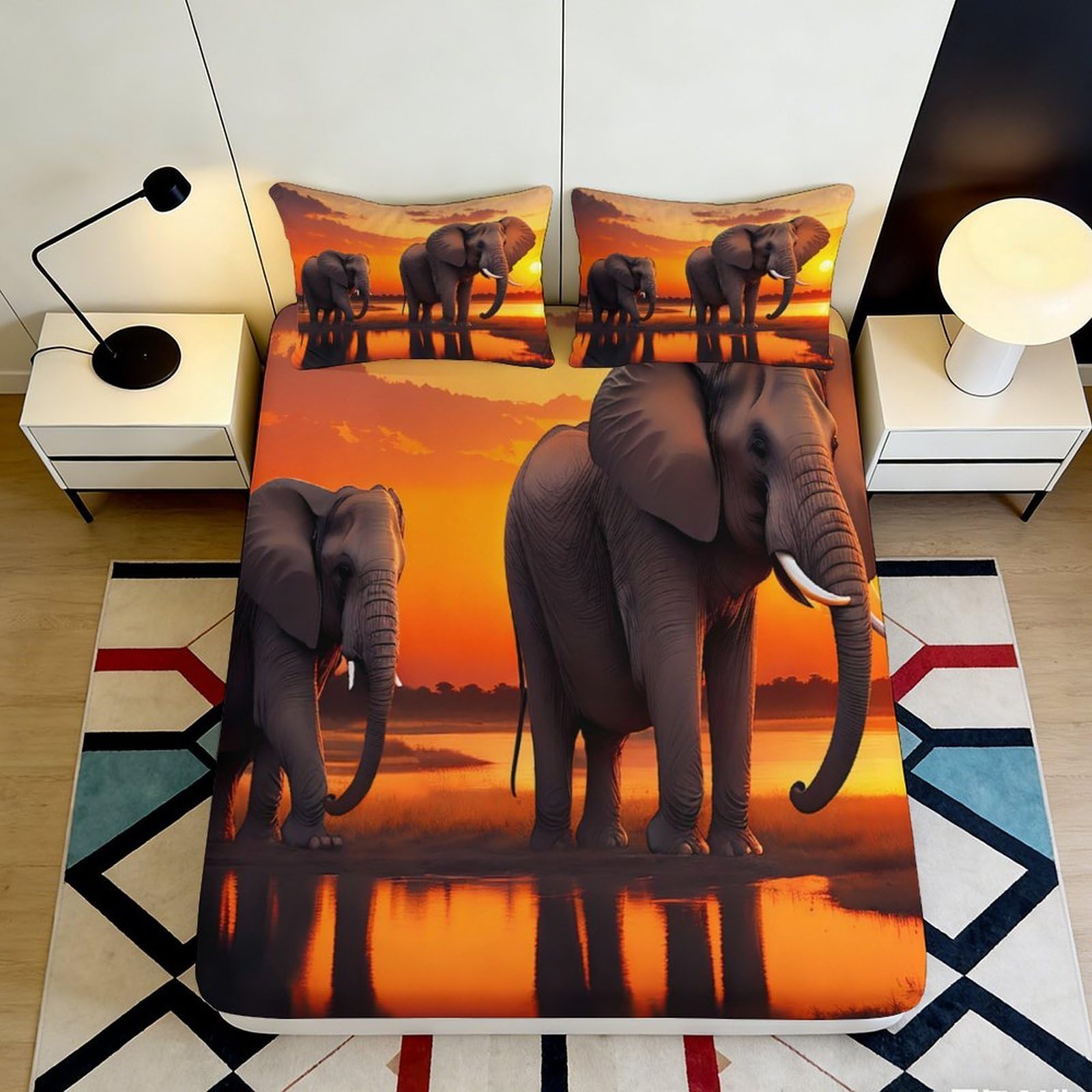 3D Printed Elephant Sunset Fitted Sheet Microfiber Soft Breathable African Wildlife Bed Cover for Bedroom Dormitory Guest Room Mattress Protection 120x200x25cm