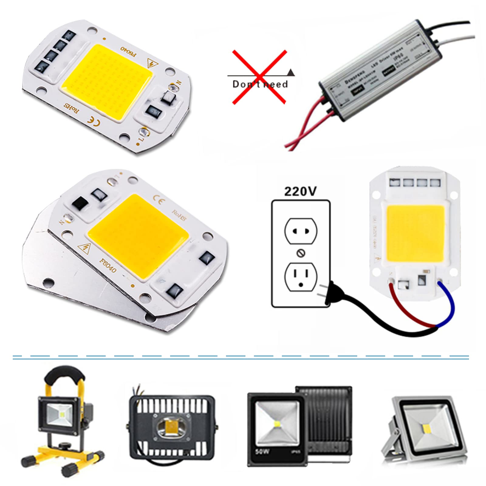 8 sztuk LED COB żarówka Chip 10W 20W 30W 50W Chip 110V 220V wejście inteligentne IC pasuje do DIY LED powodzi światło zimny biały ciepły biały lampa uliczna,Ciepły Biały 110 V,50W