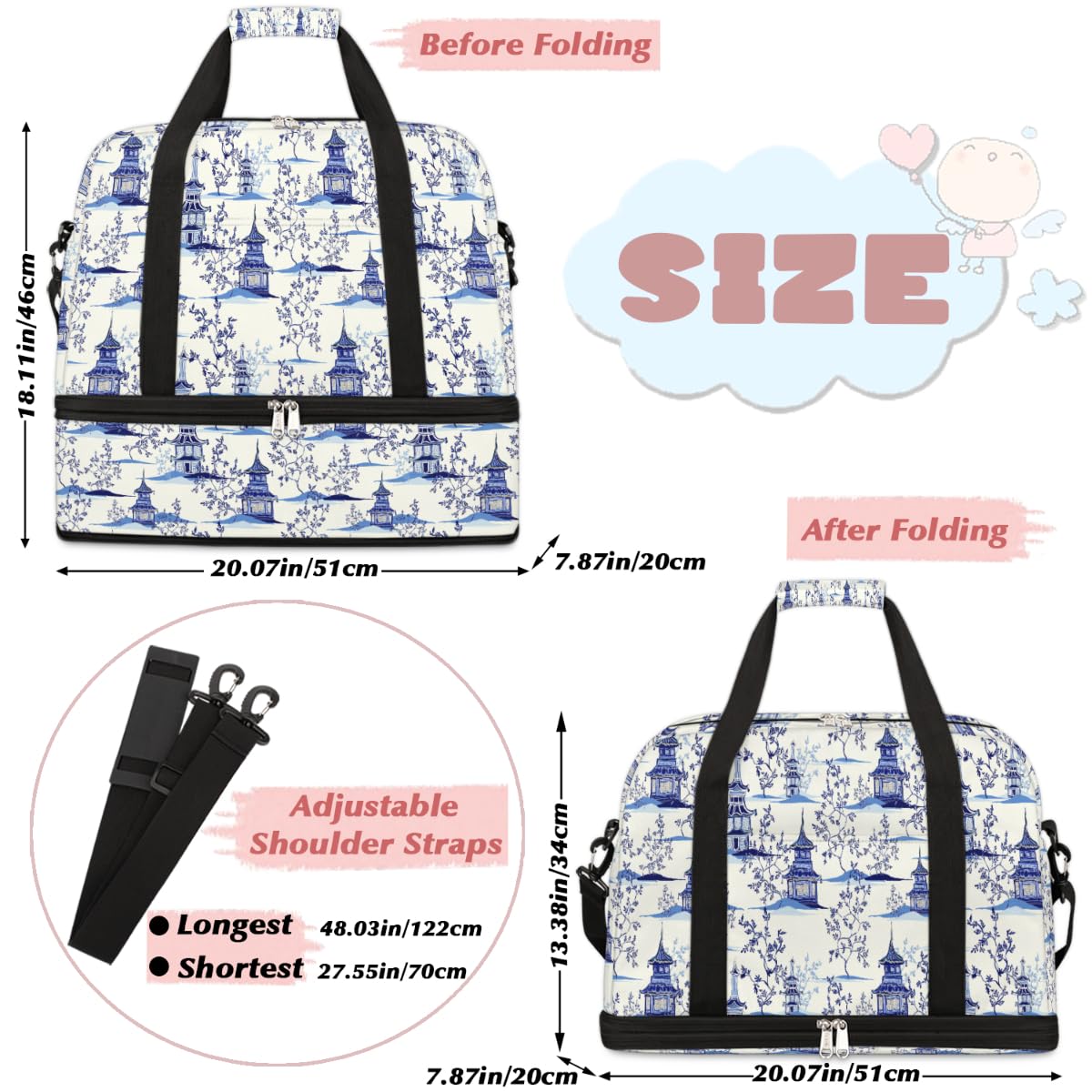 Bolsa de viaje vintage japonesa con pagodas de tinta azul para mujeres y hombres, estampado japonés, bolsas de fin de semana, bolsas plegables separadas para húmedos, bolsa de 47 L para deportes,