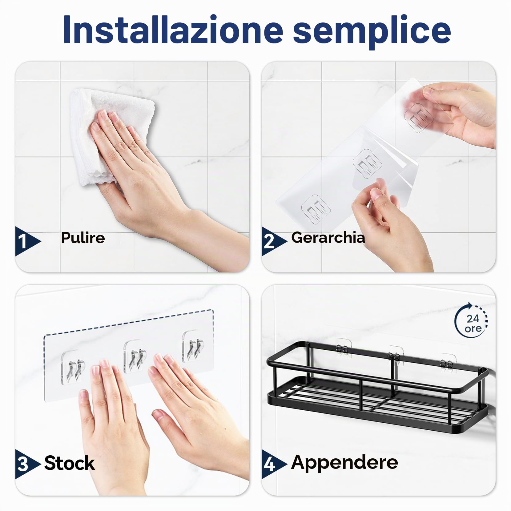 YASONIC Porta sapone per doccia 6 Pezzi Mensola doccia senza foratura, grande capacità con 12 ganci e Portasapone doccia, Impermeabile e antiruggine Porta shampoo doccia, Organizer doccia, Nero