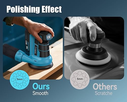Miniatura 4 de Tilswall Lijadora orbital inalámbrica de 20 V, lijadora eléctrica de mano de palma de 5 pulgadas con colector de polvo al vacío, lijadora eléctrica