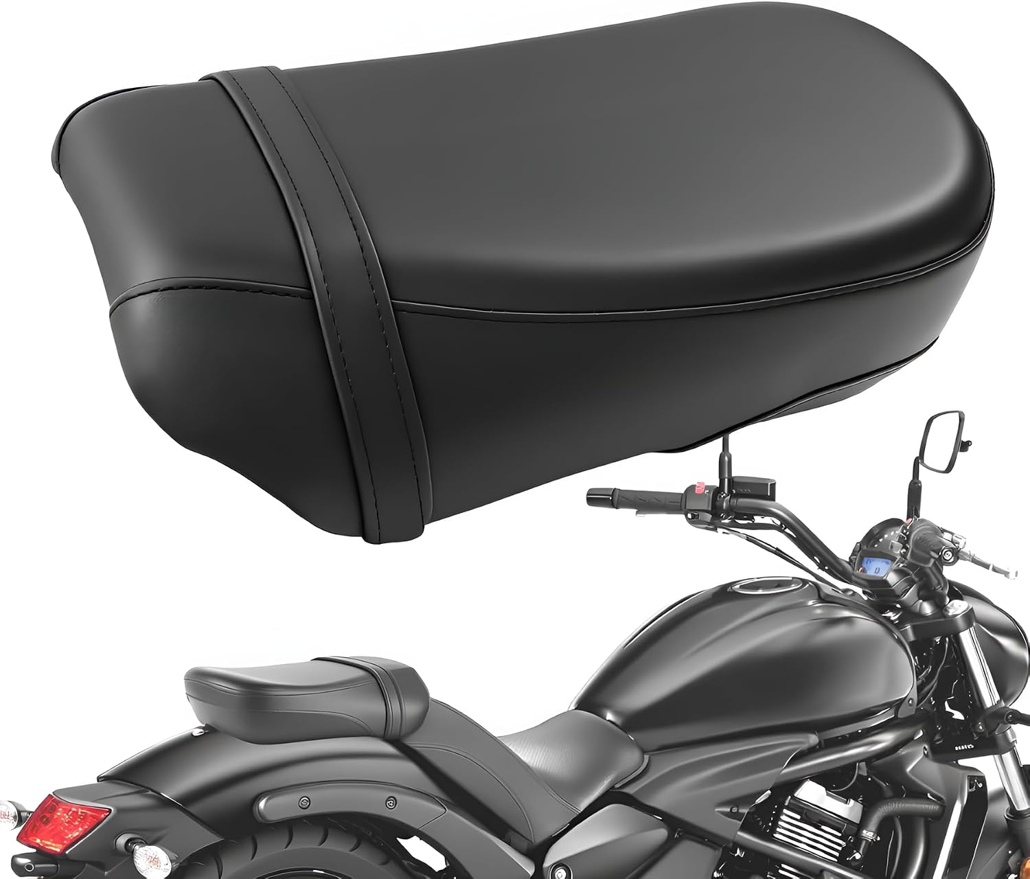 Rear Passenger Pillion Seat Compatible with Kawasaki Vulcan S 650 VN650 EN650 2015-2023 2024 - Comfortable Synthetic Leather Cushion Pad with Mounting Hardware Black​