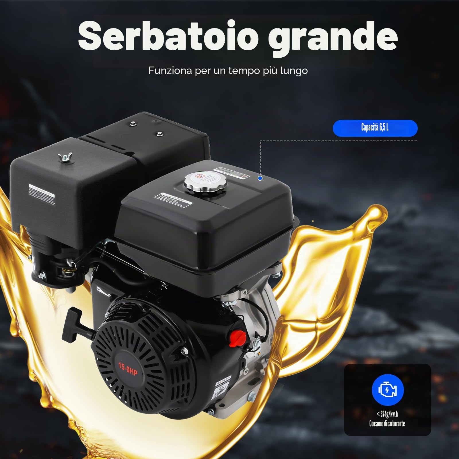Motore a Benzina GXSFLG 15 CV 420CC, a 4 tempi, motore fisso, motore industriale, OHV con raffreddamento ad aria, albero da 25mm, 3600 giri/min, con funzione di allarme olio, per go-kart