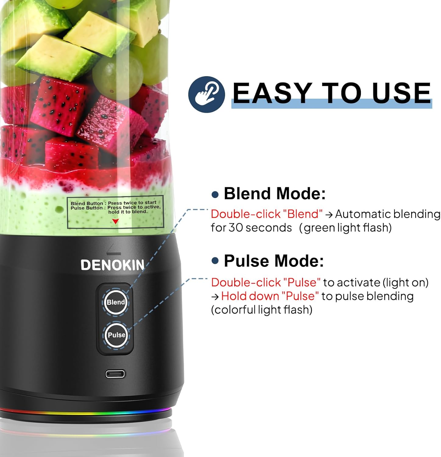 DENOKIN Portable Blender Cordless, 20oz Vessel Personal Blender for Shakes & Smoothies with On Go Lid & Sip Lid, Small Mixer for Kitchen, Home, Travel