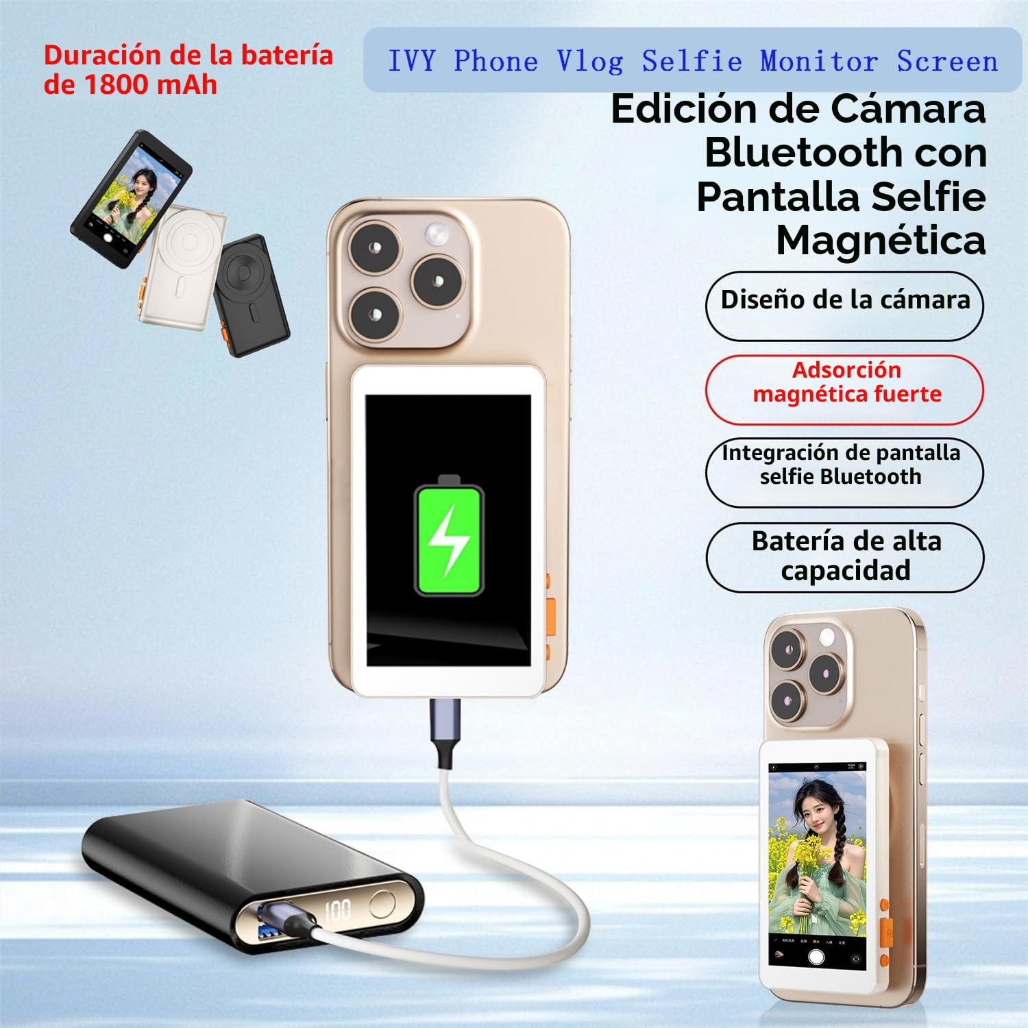 JZ Pantalla para monitor de teléfono Vlog Selfie, cámara trasera, grabación de selfies, TikTok/YouTube, transmisión en vivo, soporte magnético, inalámbrico, pantalla HD 1080P, monitor selfie