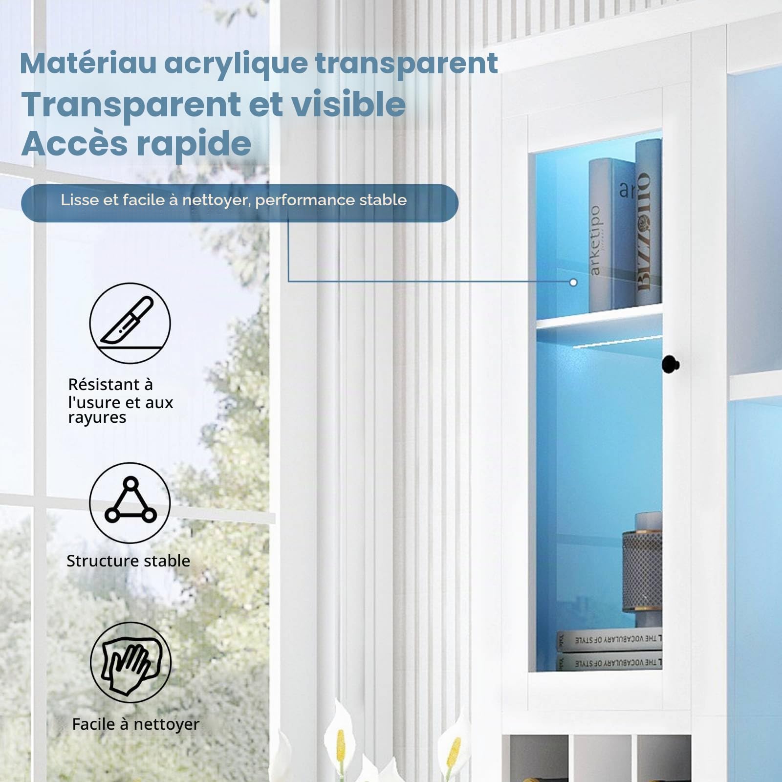 PUGSDRLY Armoire de Rangement Moderne Avec Portes - Buffet Polyvalent Avec Lumière LED et Étagères Pour Salon (143 x 45,5 x 170 cm)