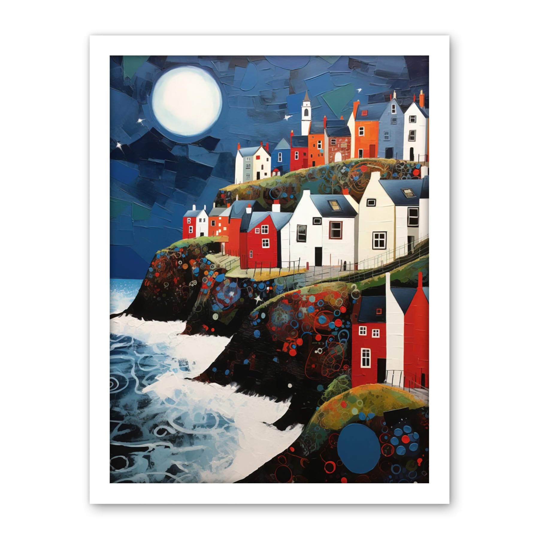 Artery8 Seaside Village Houses on Cliff Folk Art Oil Painting Bathroom Artwork Full Moon Night Waves Coastal Landscape Artwork Framed Wall Art Print 18X24 Inch