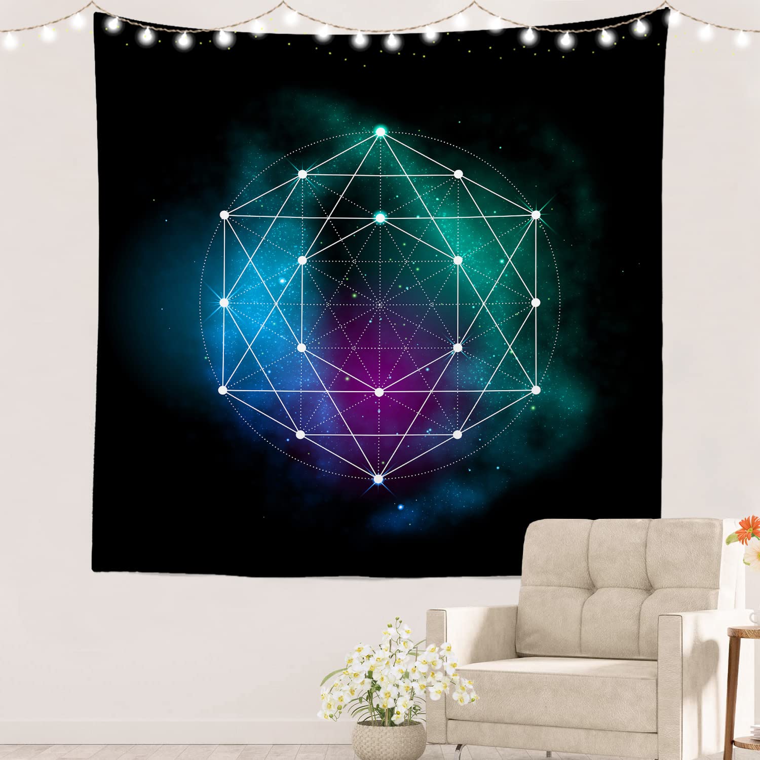 Batmerry Sacred Geometry Tapestry, Metatrons Cube Sacred Geometry Picnic Mat Hippie Trippy Tapestry Wall Art Meditation Decor for Bedroom Living Room Dorm, 59.1 x 59.1 Inches, Black White