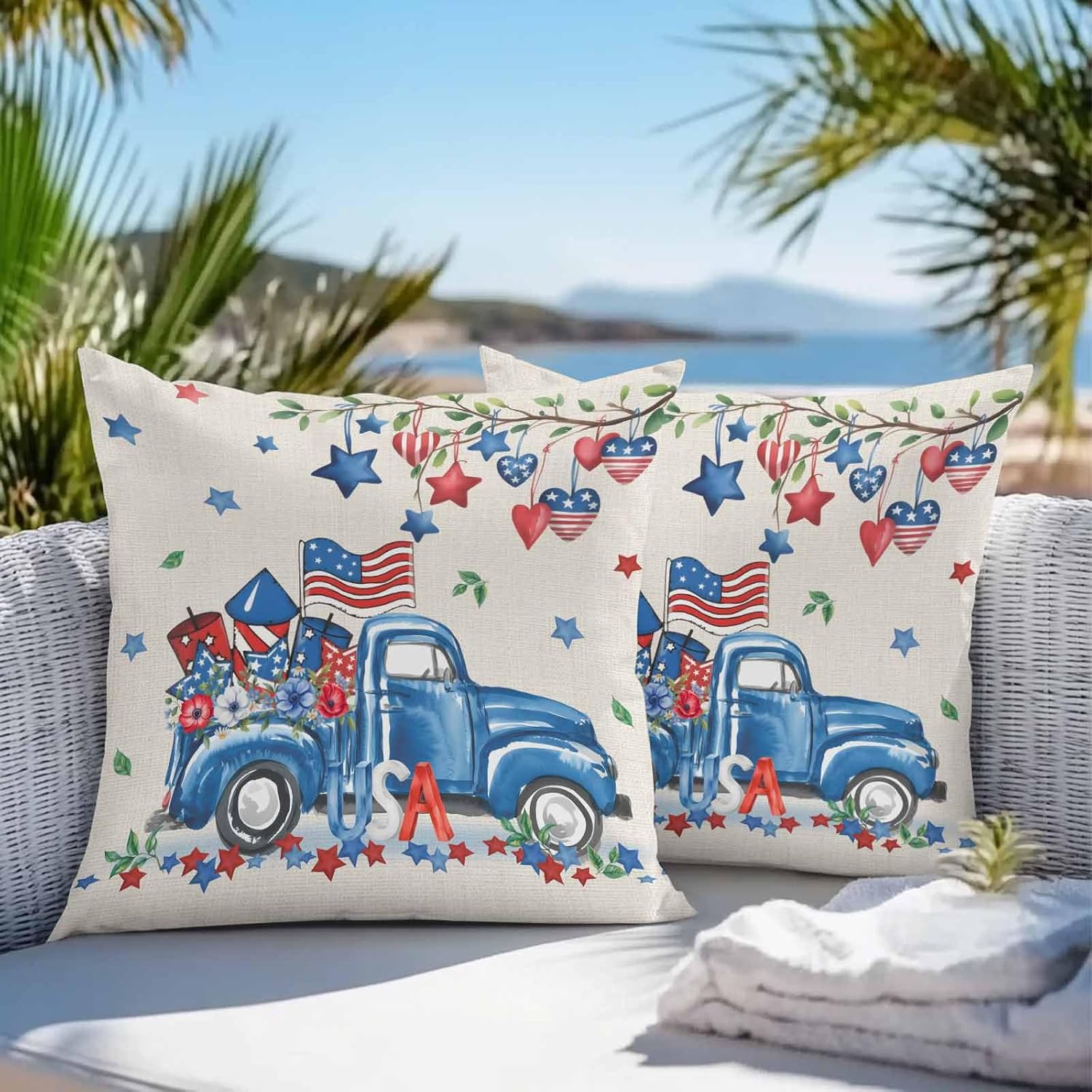 Pack of 2 Waterproof Outdoor Pillow Covers 26x26 Inch Decorative Pillow Covers American Flag Throw Pillow Covers Independence Day Star Truck Burlap Bottom Outdoor Cushion Covers for Couch, Patio, Tent
