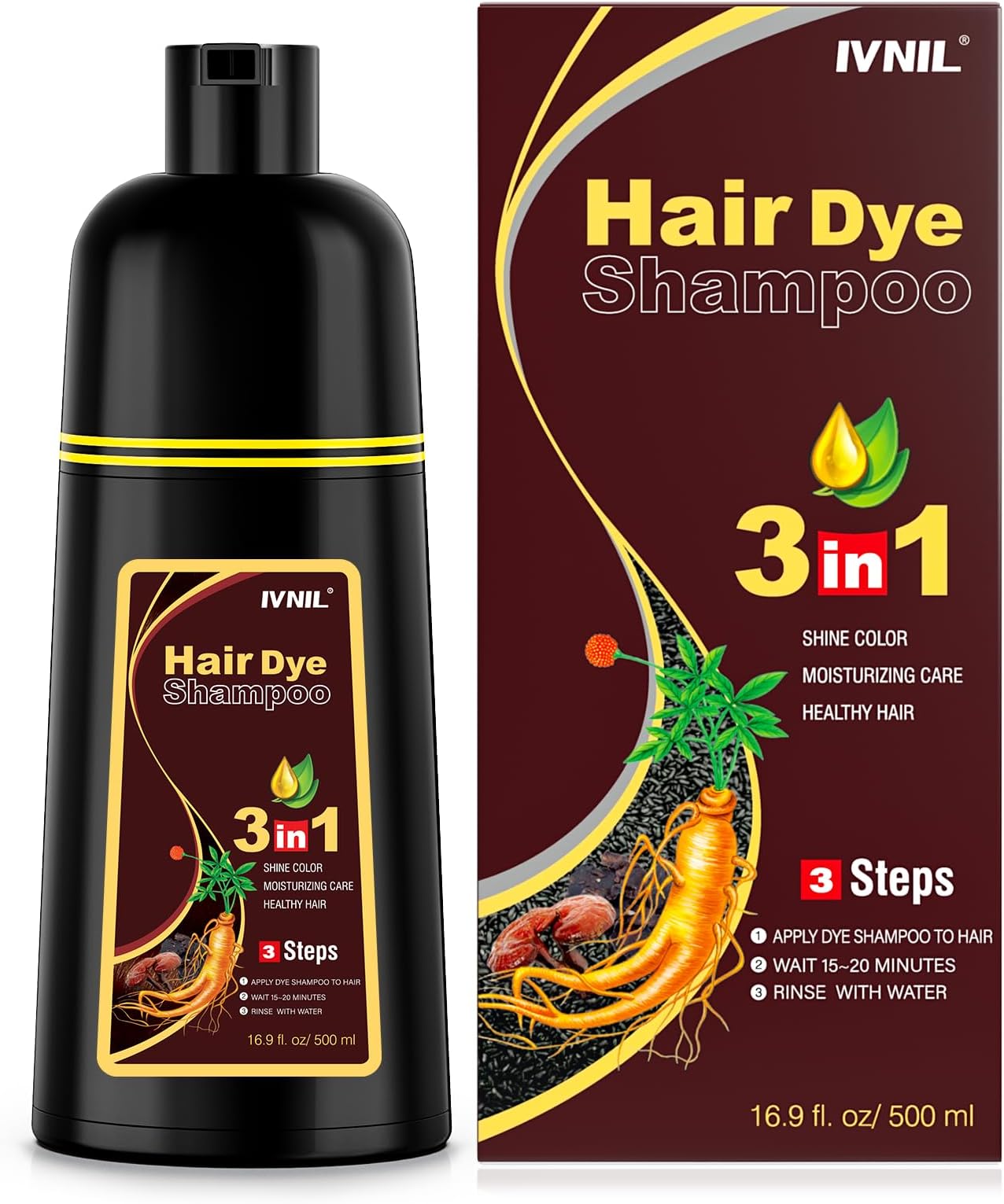 Ivnil Dark Brown Hair Dye Shampoo 3 in 1 for Women/Men Hair Color for Grey Coverage Seimi Permanent Instant Champu Para Canas Mujer for Men