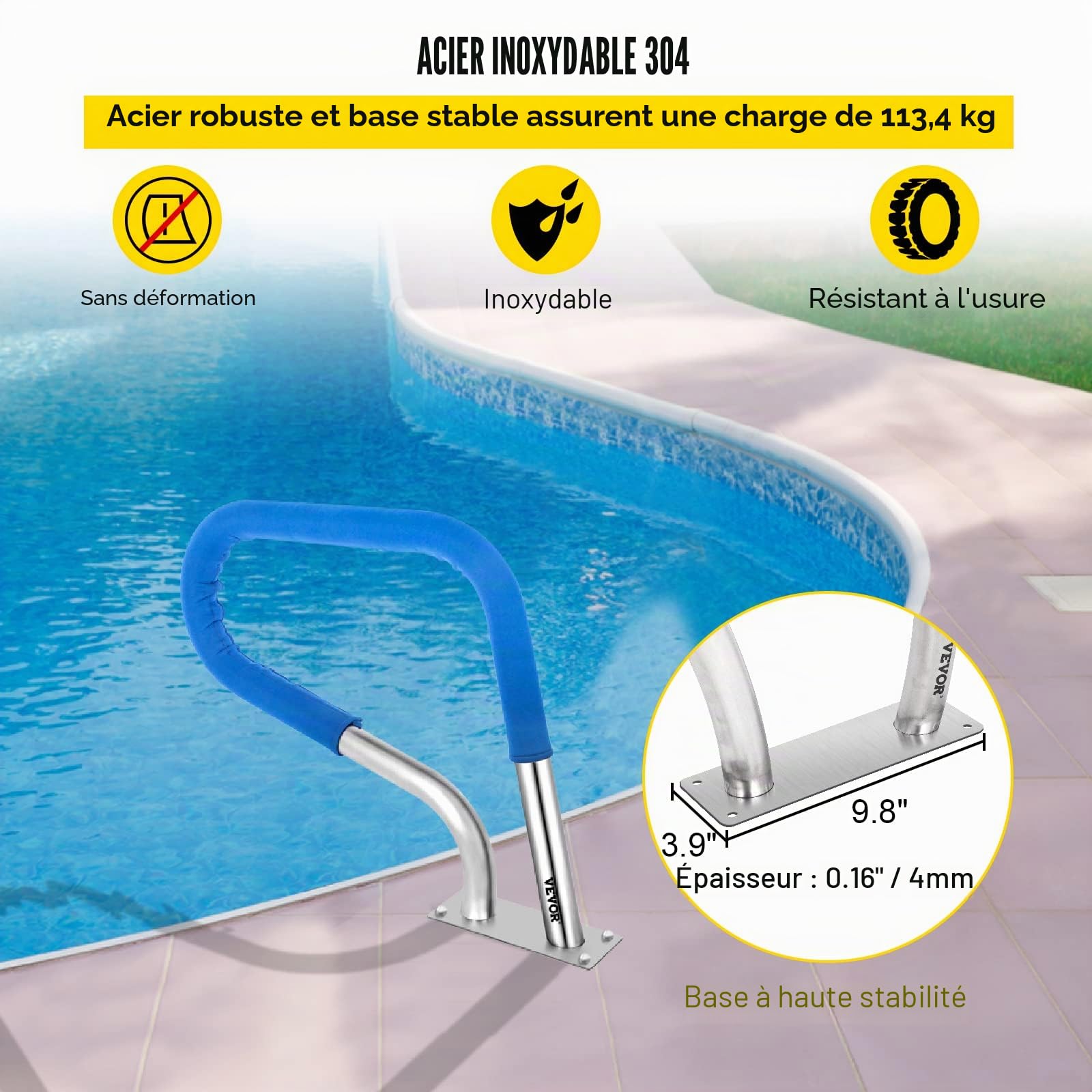 VEVOR Garde-corps de piscine 32x23 en acier inoxydable 304 capacité de charge 250LBS main courante de piscine argentée antirouille, couvercle de poignée bleu et forets M8 et vis autotaraudeuses