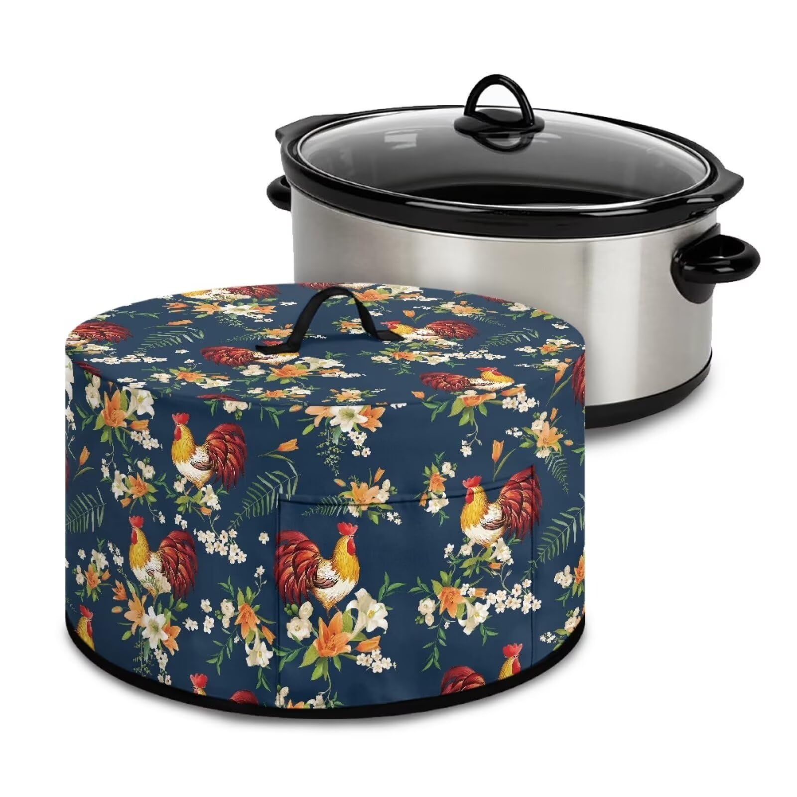 Fuojuvelie Rooster Slow Cooker Cover Reuseable Slow Cooker Dust Cover with Top Handle and Pockets with Top Handle and Pockets