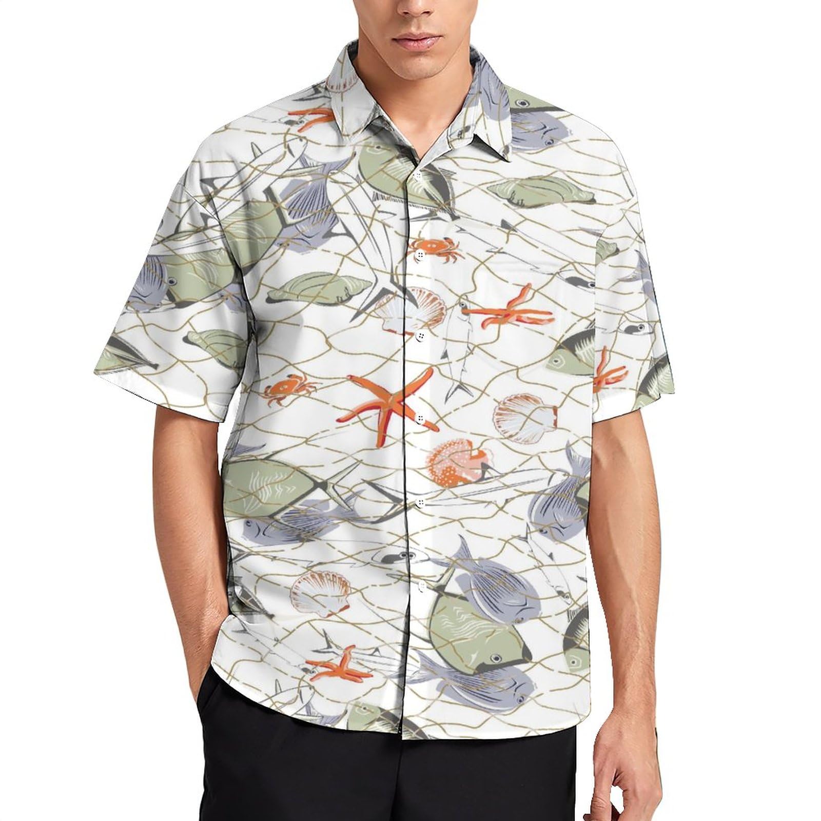 海洋生物の美しいプリントが特徴のアロハジャケット 海洋生物の美しいプリントが特徴のアロハジャケット