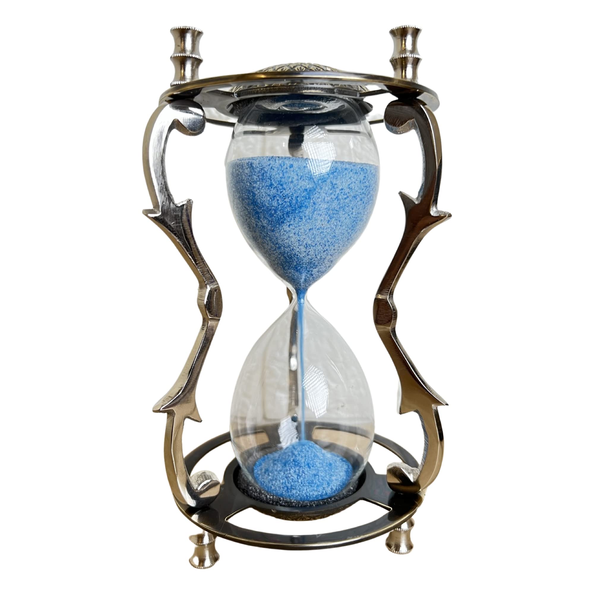 Vintage Brass Hourglass Sand Timer Antique Finish Brass Sand Timer | Dual Side Beautiful Engraved Design | Best Gift for Everyone| Sky Blue Sand Unique Theme, (986)