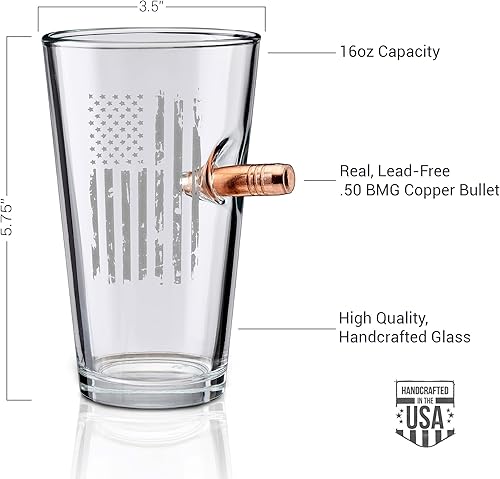 Miniatura 3 de BenShot US Flag Pint Glass with Real 0.50BMG Bullet - 16oz | Made in the USA