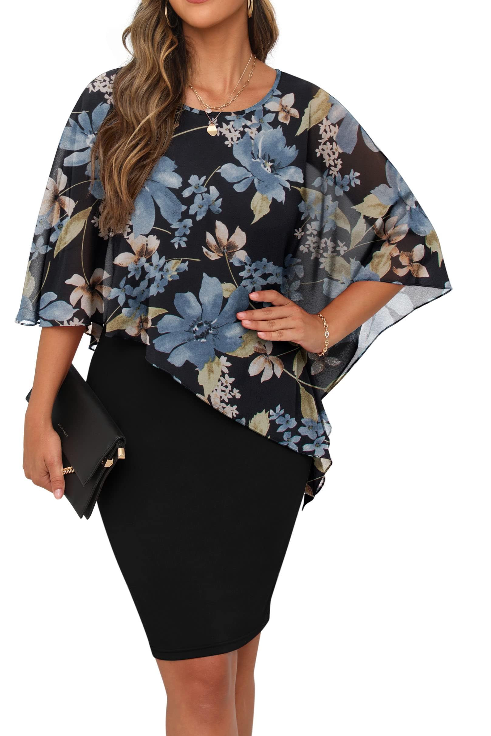 QIXING Vestido de cóctel de gasa para mujer, cuello redondo, vestido de verano, largo hasta la rodilla, elegante, con superposición, informal, bodycon