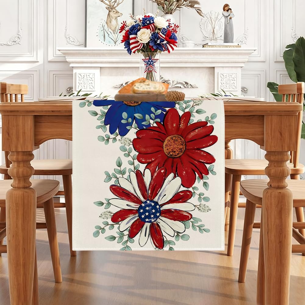 RABUSOFA Daisy Sunflower Eucalyptus Patriotic Table Runner,Memorial Day Kitchen Dining Table 4th of July Decorations for Home Party Decor 13x72 Inch