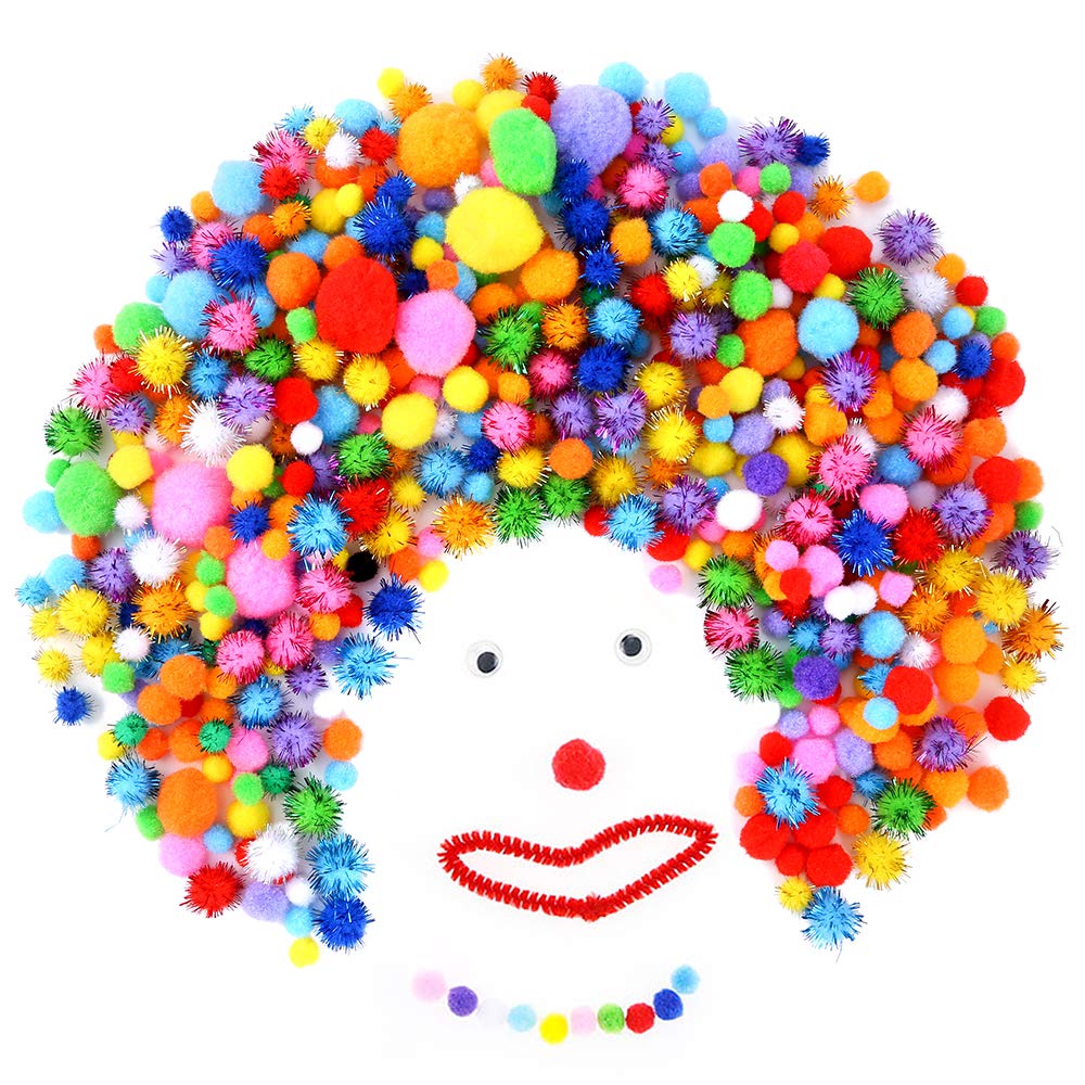 Caydo 2000 Stück verschiedene Größen, mehrfarbige Pompons, Glitzer-Pompons mit 4 Größen, Wackelaugen für Hobby-Bastelbedarf